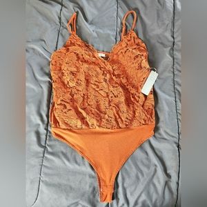 Orange Lace Surplice Bodysuit
